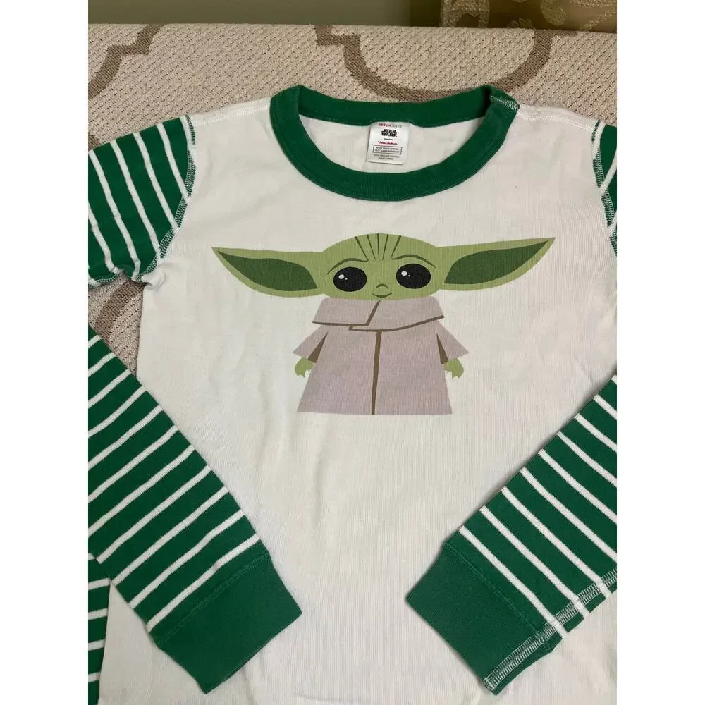 Hanna Andersson Star Wars Baby Yoda Grogu striped pajama set white/green,size 12